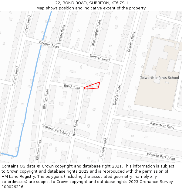 22, BOND ROAD, SURBITON, KT6 7SH: Location map and indicative extent of plot