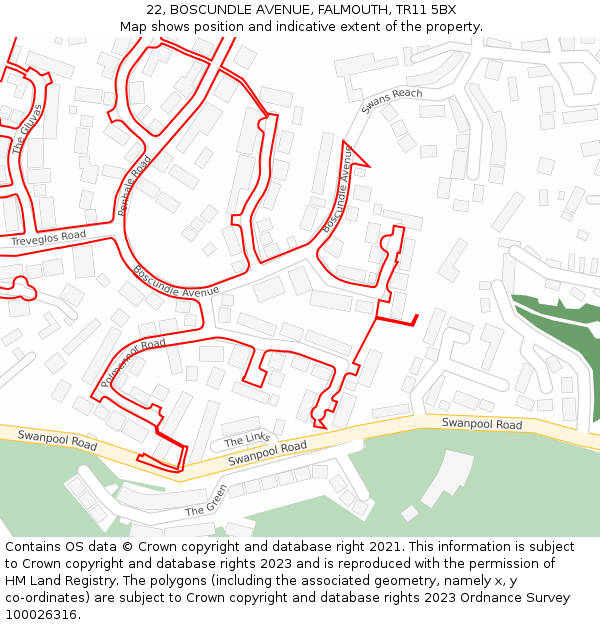 22, BOSCUNDLE AVENUE, FALMOUTH, TR11 5BX: Location map and indicative extent of plot