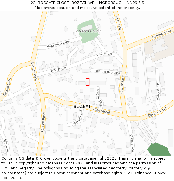 22, BOSGATE CLOSE, BOZEAT, WELLINGBOROUGH, NN29 7JS: Location map and indicative extent of plot