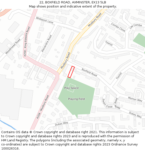 22, BOXFIELD ROAD, AXMINSTER, EX13 5LB: Location map and indicative extent of plot