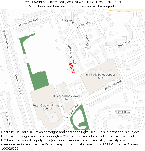 22, BRACKENBURY CLOSE, PORTSLADE, BRIGHTON, BN41 2ES: Location map and indicative extent of plot