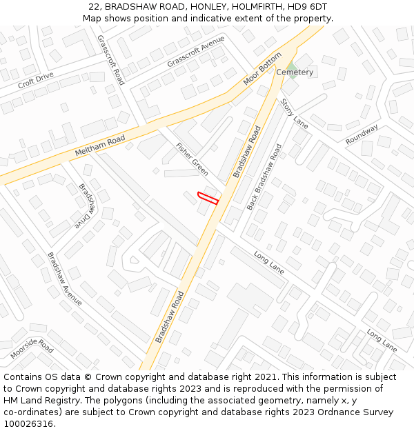 22, BRADSHAW ROAD, HONLEY, HOLMFIRTH, HD9 6DT: Location map and indicative extent of plot