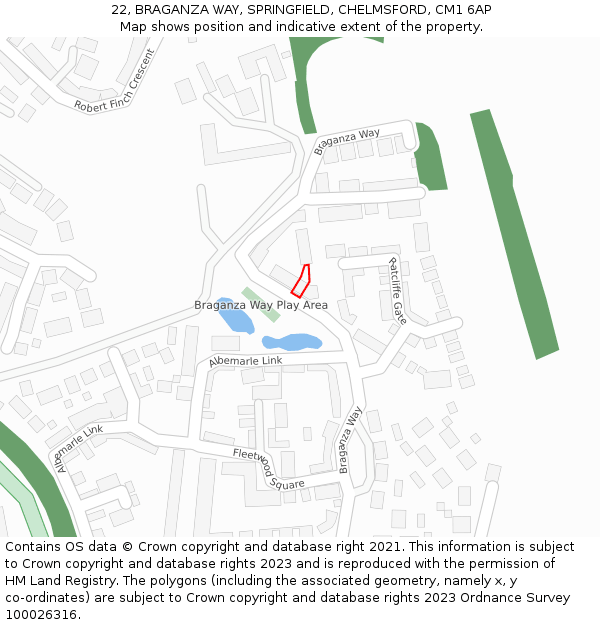 22, BRAGANZA WAY, SPRINGFIELD, CHELMSFORD, CM1 6AP: Location map and indicative extent of plot