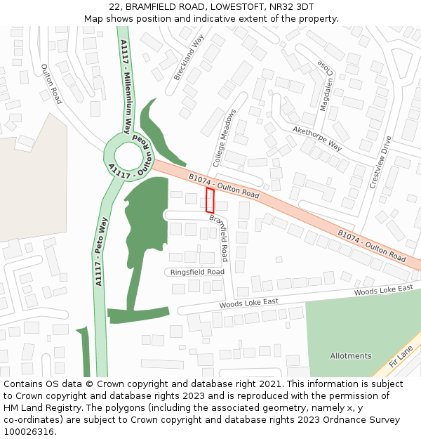 22, BRAMFIELD ROAD, LOWESTOFT, NR32 3DT: Location map and indicative extent of plot