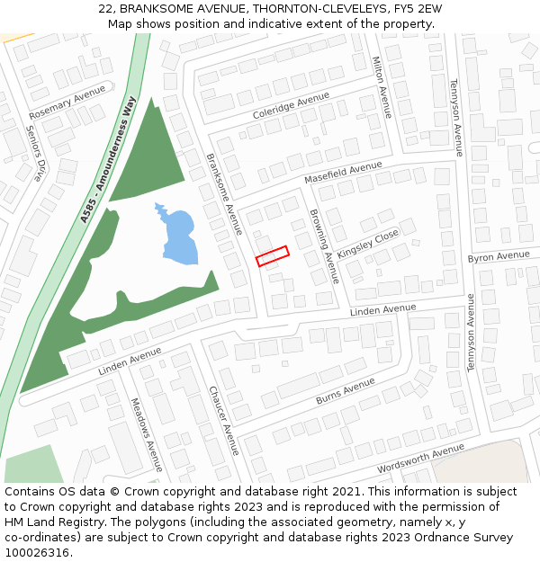 22, BRANKSOME AVENUE, THORNTON-CLEVELEYS, FY5 2EW: Location map and indicative extent of plot
