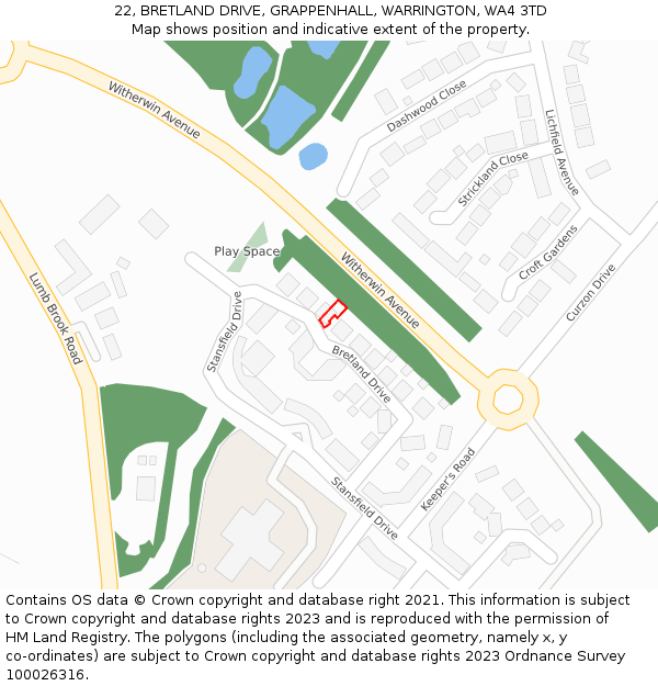 22, BRETLAND DRIVE, GRAPPENHALL, WARRINGTON, WA4 3TD: Location map and indicative extent of plot