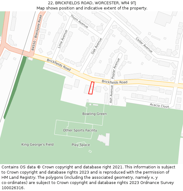 22, BRICKFIELDS ROAD, WORCESTER, WR4 9TJ: Location map and indicative extent of plot