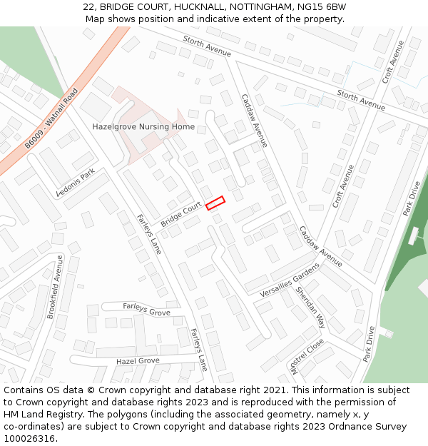 22, BRIDGE COURT, HUCKNALL, NOTTINGHAM, NG15 6BW: Location map and indicative extent of plot