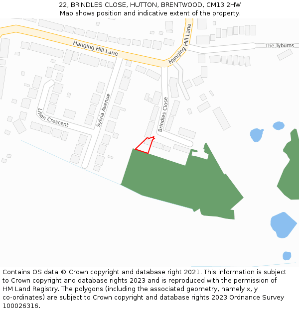 22, BRINDLES CLOSE, HUTTON, BRENTWOOD, CM13 2HW: Location map and indicative extent of plot