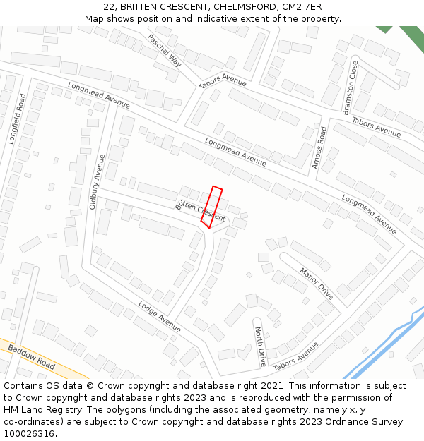 22, BRITTEN CRESCENT, CHELMSFORD, CM2 7ER: Location map and indicative extent of plot