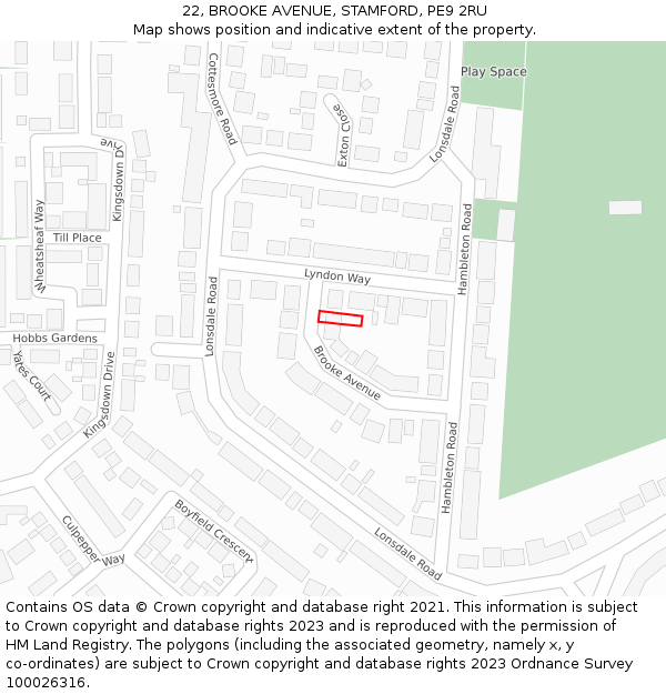 22, BROOKE AVENUE, STAMFORD, PE9 2RU: Location map and indicative extent of plot