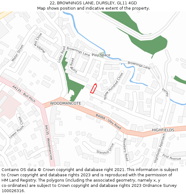 22, BROWNINGS LANE, DURSLEY, GL11 4GD: Location map and indicative extent of plot