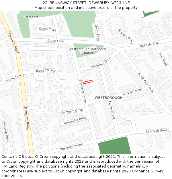22, BRUNSWICK STREET, DEWSBURY, WF13 4NE: Location map and indicative extent of plot