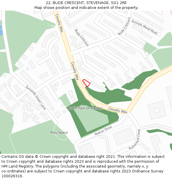 22, BUDE CRESCENT, STEVENAGE, SG1 2RE: Location map and indicative extent of plot