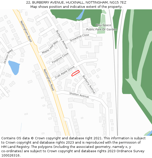 22, BURBERRY AVENUE, HUCKNALL, NOTTINGHAM, NG15 7EZ: Location map and indicative extent of plot