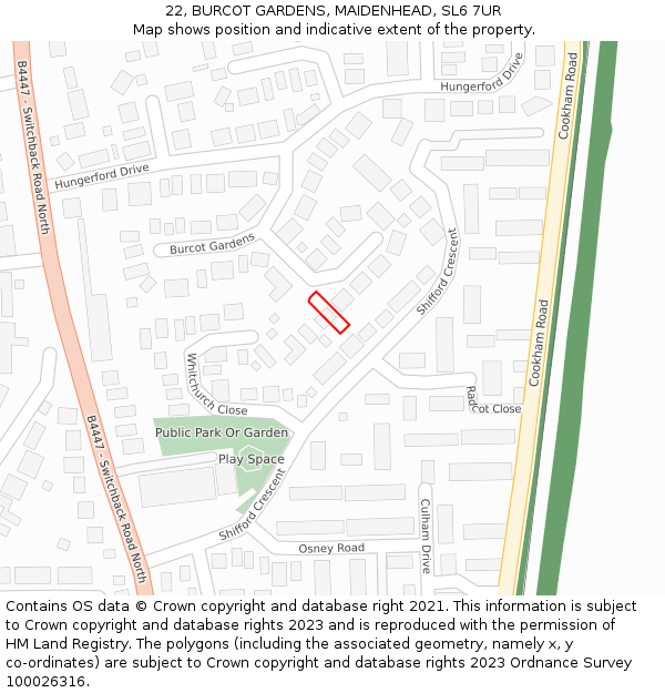 22, BURCOT GARDENS, MAIDENHEAD, SL6 7UR: Location map and indicative extent of plot