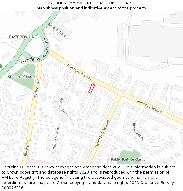 22, BURNHAM AVENUE, BRADFORD, BD4 6JH: Location map and indicative extent of plot