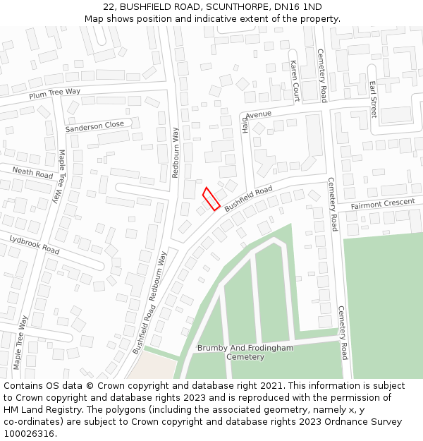 22, BUSHFIELD ROAD, SCUNTHORPE, DN16 1ND: Location map and indicative extent of plot