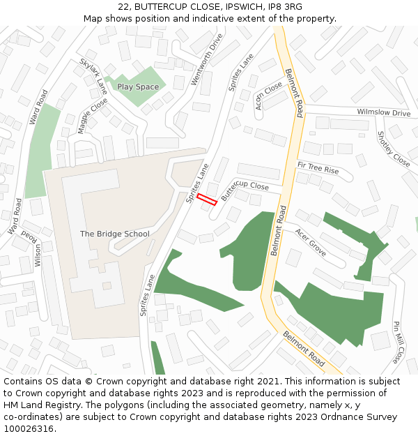 22, BUTTERCUP CLOSE, IPSWICH, IP8 3RG: Location map and indicative extent of plot