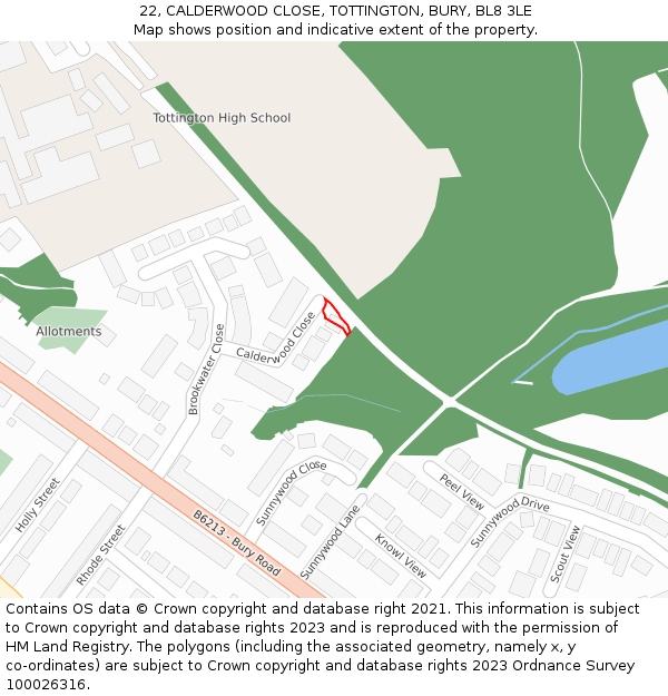 22, CALDERWOOD CLOSE, TOTTINGTON, BURY, BL8 3LE: Location map and indicative extent of plot
