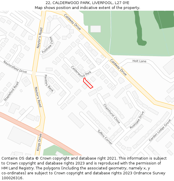 22, CALDERWOOD PARK, LIVERPOOL, L27 0YE: Location map and indicative extent of plot