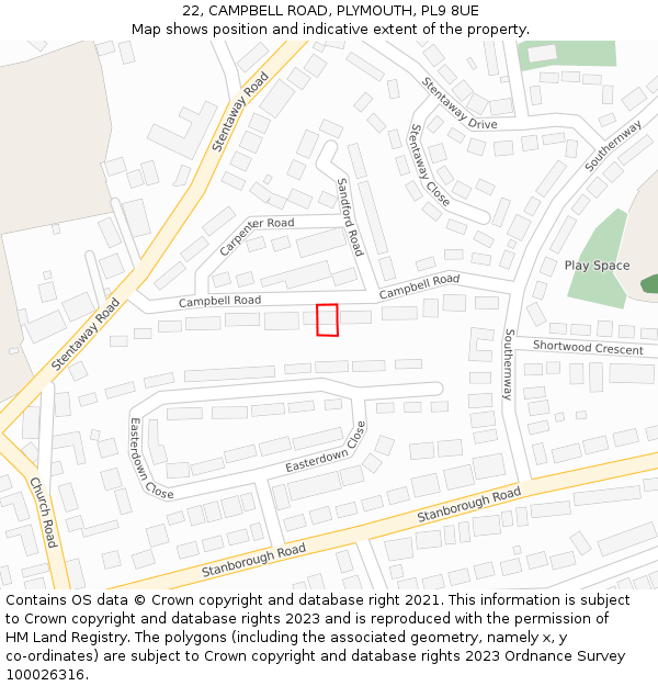 22, CAMPBELL ROAD, PLYMOUTH, PL9 8UE: Location map and indicative extent of plot
