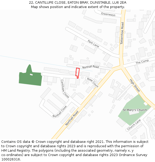 22, CANTILUPE CLOSE, EATON BRAY, DUNSTABLE, LU6 2EA: Location map and indicative extent of plot