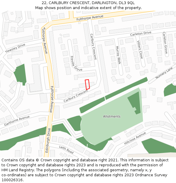 22, CARLBURY CRESCENT, DARLINGTON, DL3 9QL: Location map and indicative extent of plot