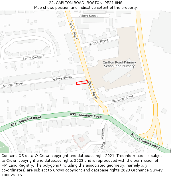 22, CARLTON ROAD, BOSTON, PE21 8NS: Location map and indicative extent of plot