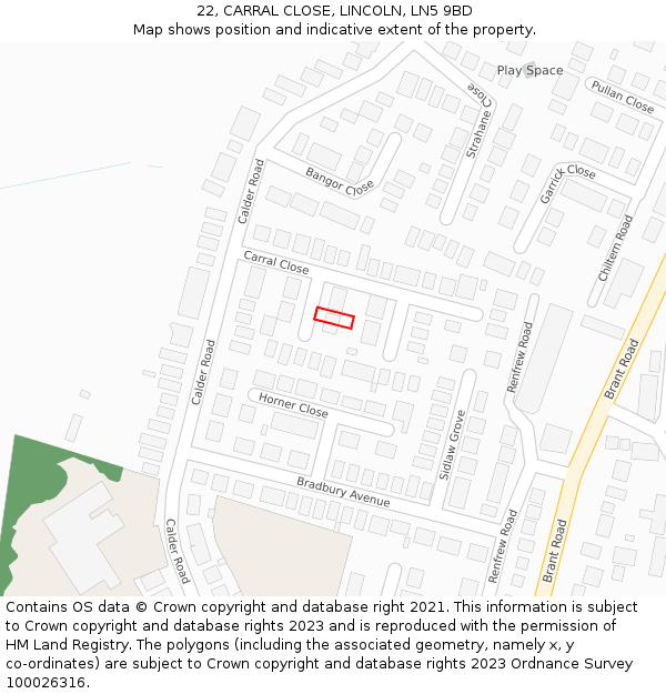 22, CARRAL CLOSE, LINCOLN, LN5 9BD: Location map and indicative extent of plot