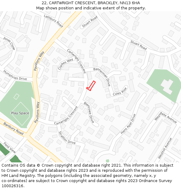 22, CARTWRIGHT CRESCENT, BRACKLEY, NN13 6HA: Location map and indicative extent of plot