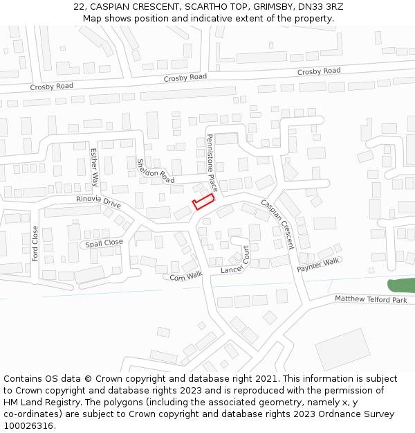 22, CASPIAN CRESCENT, SCARTHO TOP, GRIMSBY, DN33 3RZ: Location map and indicative extent of plot