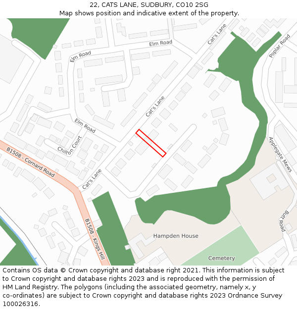 22, CATS LANE, SUDBURY, CO10 2SG: Location map and indicative extent of plot