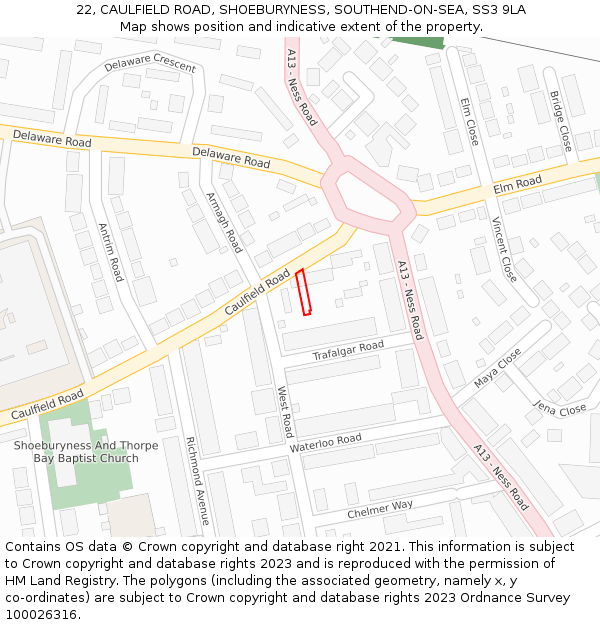 22, CAULFIELD ROAD, SHOEBURYNESS, SOUTHEND-ON-SEA, SS3 9LA: Location map and indicative extent of plot