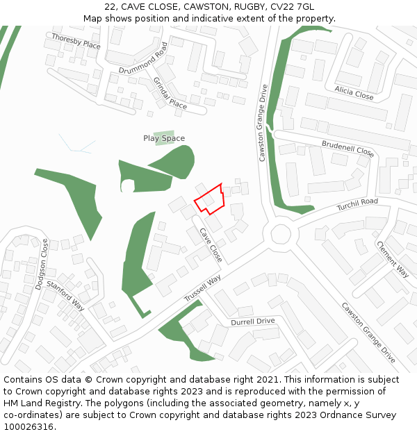 22, CAVE CLOSE, CAWSTON, RUGBY, CV22 7GL: Location map and indicative extent of plot