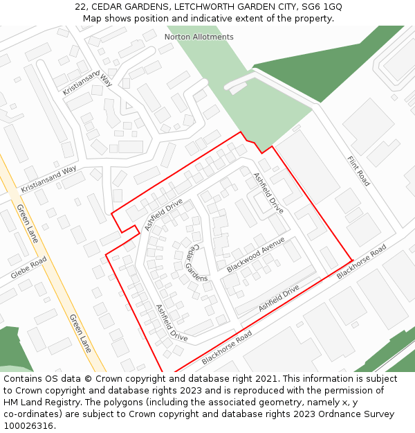 22, CEDAR GARDENS, LETCHWORTH GARDEN CITY, SG6 1GQ: Location map and indicative extent of plot