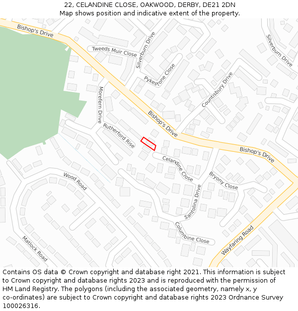 22, CELANDINE CLOSE, OAKWOOD, DERBY, DE21 2DN: Location map and indicative extent of plot