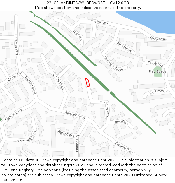 22, CELANDINE WAY, BEDWORTH, CV12 0GB: Location map and indicative extent of plot