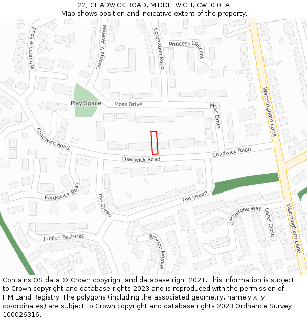22, CHADWICK ROAD, MIDDLEWICH, CW10 0EA: Location map and indicative extent of plot