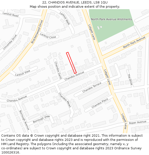 22, CHANDOS AVENUE, LEEDS, LS8 1QU: Location map and indicative extent of plot