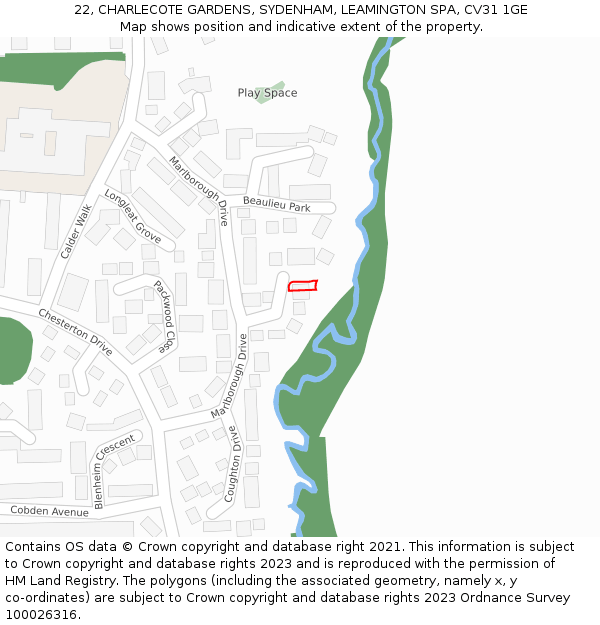 22, CHARLECOTE GARDENS, SYDENHAM, LEAMINGTON SPA, CV31 1GE: Location map and indicative extent of plot