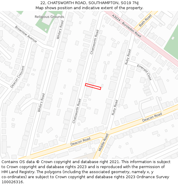22, CHATSWORTH ROAD, SOUTHAMPTON, SO19 7NJ: Location map and indicative extent of plot