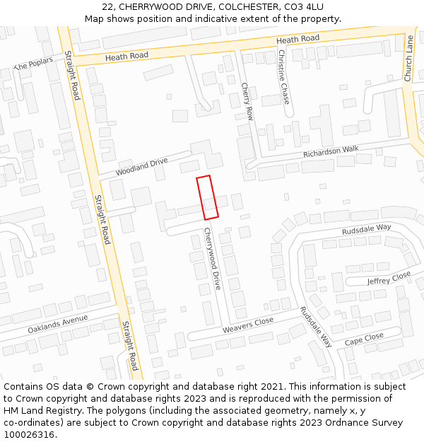 22, CHERRYWOOD DRIVE, COLCHESTER, CO3 4LU: Location map and indicative extent of plot