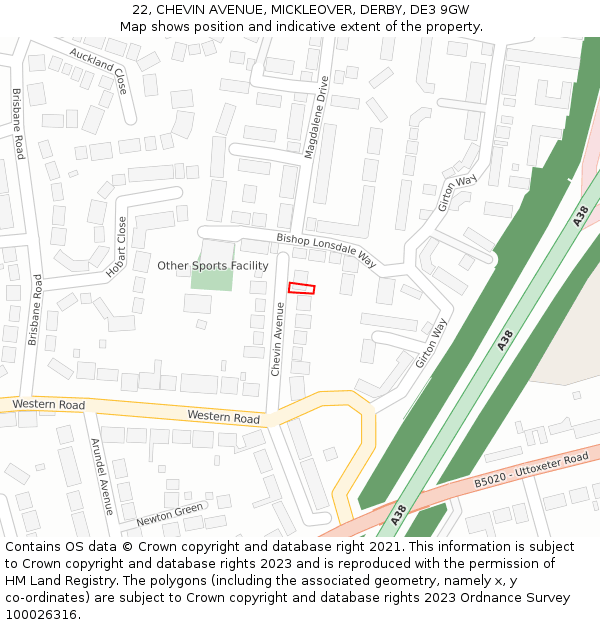 22, CHEVIN AVENUE, MICKLEOVER, DERBY, DE3 9GW: Location map and indicative extent of plot