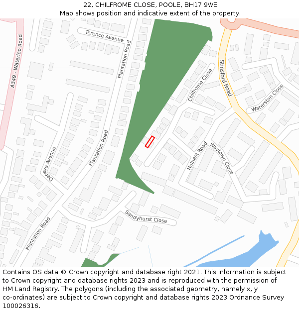 22, CHILFROME CLOSE, POOLE, BH17 9WE: Location map and indicative extent of plot