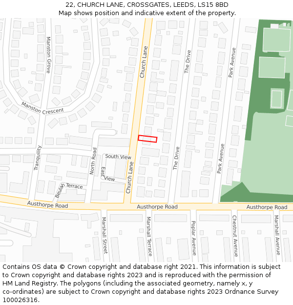 22, CHURCH LANE, CROSSGATES, LEEDS, LS15 8BD: Location map and indicative extent of plot