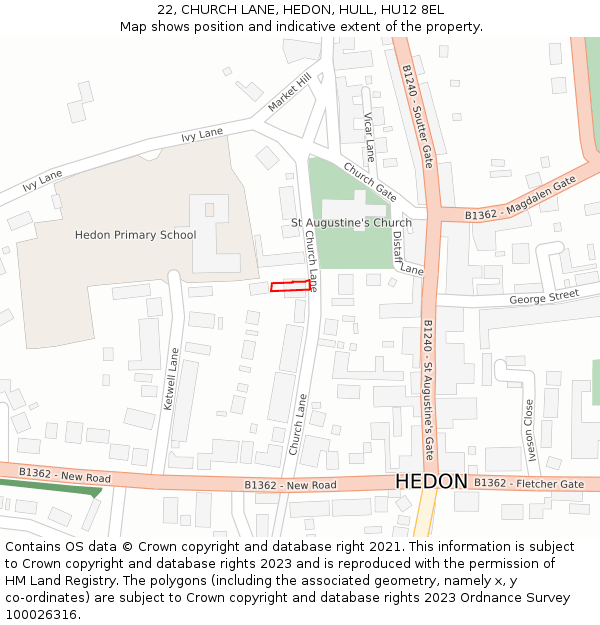 22, CHURCH LANE, HEDON, HULL, HU12 8EL: Location map and indicative extent of plot