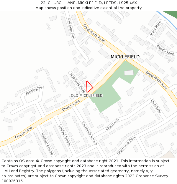 22, CHURCH LANE, MICKLEFIELD, LEEDS, LS25 4AX: Location map and indicative extent of plot