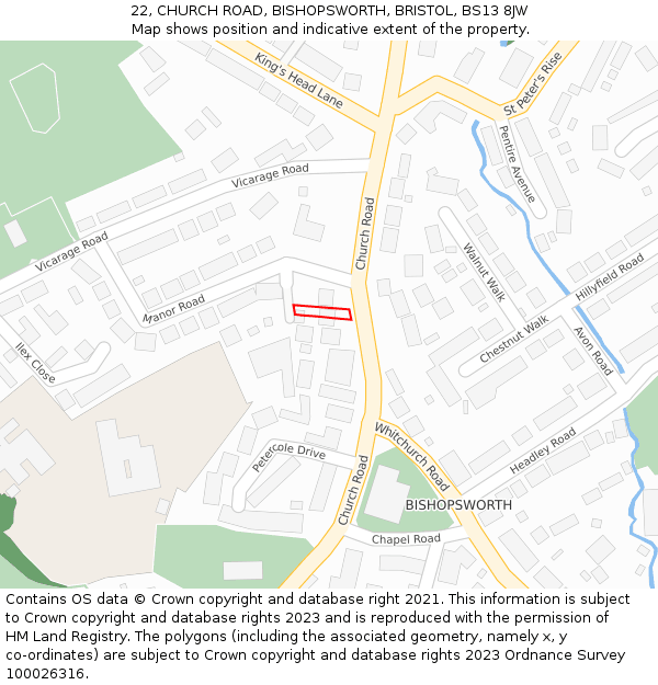 22, CHURCH ROAD, BISHOPSWORTH, BRISTOL, BS13 8JW: Location map and indicative extent of plot