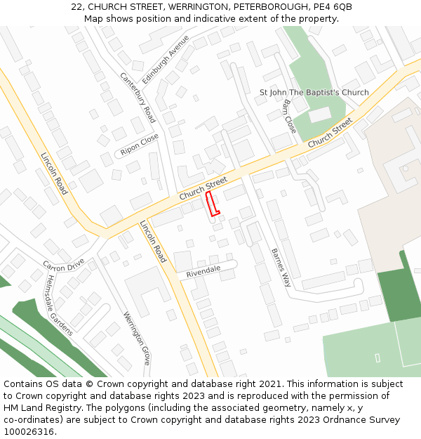 22, CHURCH STREET, WERRINGTON, PETERBOROUGH, PE4 6QB: Location map and indicative extent of plot